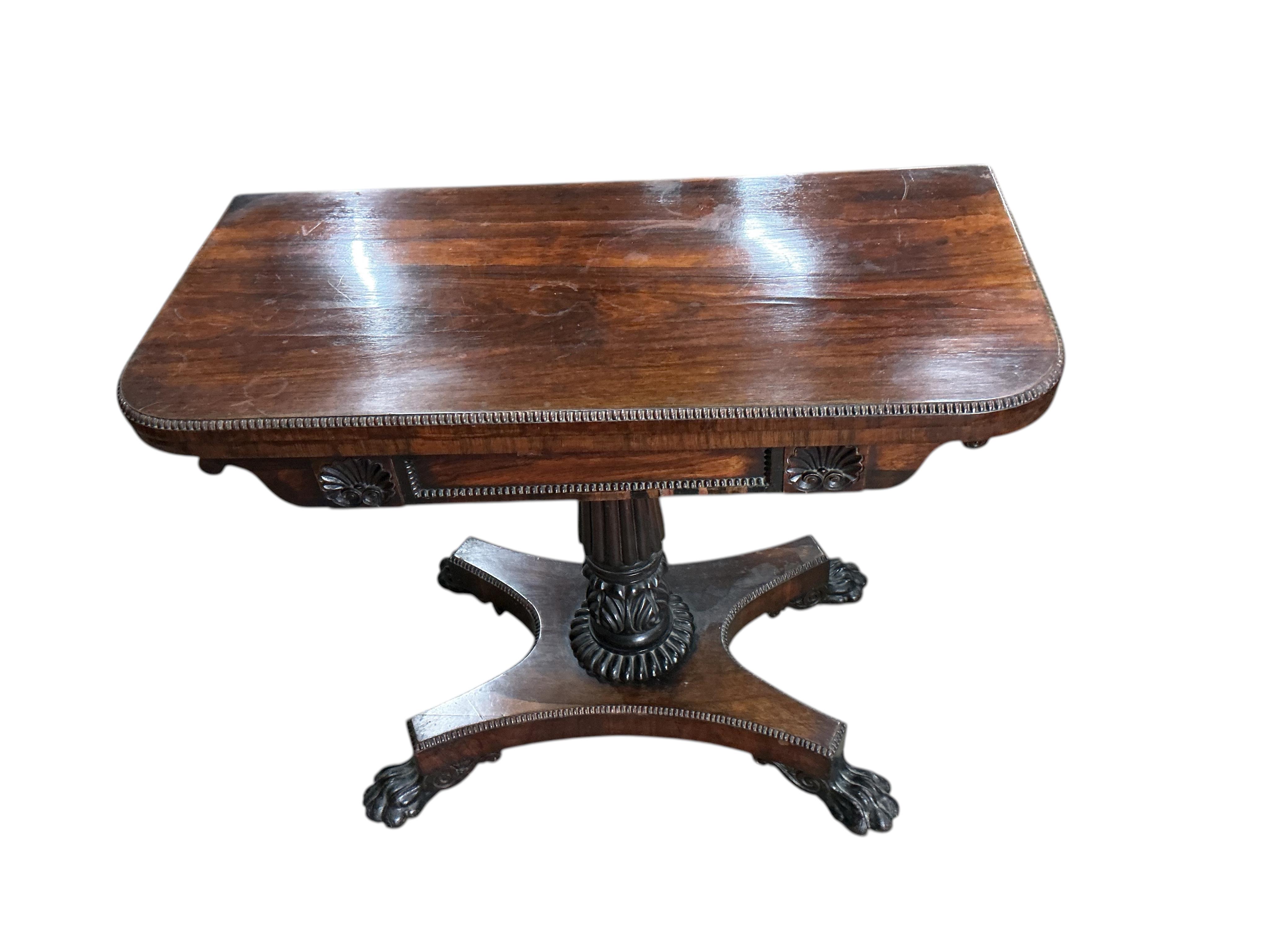 A William IV rosewood folding card table, width 90cm, depth 45cm, height 74cm